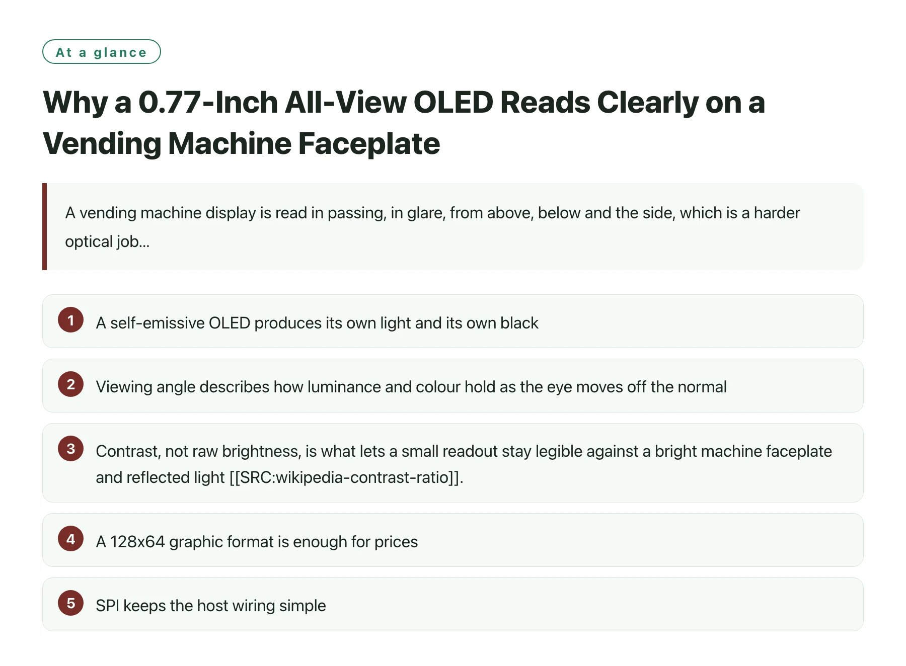 Why a 0.77-Inch All-View OLED Reads Clearly on a Vending Machine Faceplate——全文要点速览